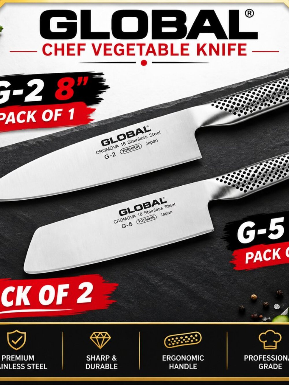 Global G5 7" Veg Knife & G-2 8" Chef Cromova 18 Steel New Sealed Boxed pack of 2